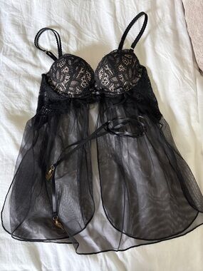 Victoria's Secret Black Lace & Sheer Babydoll Chemise